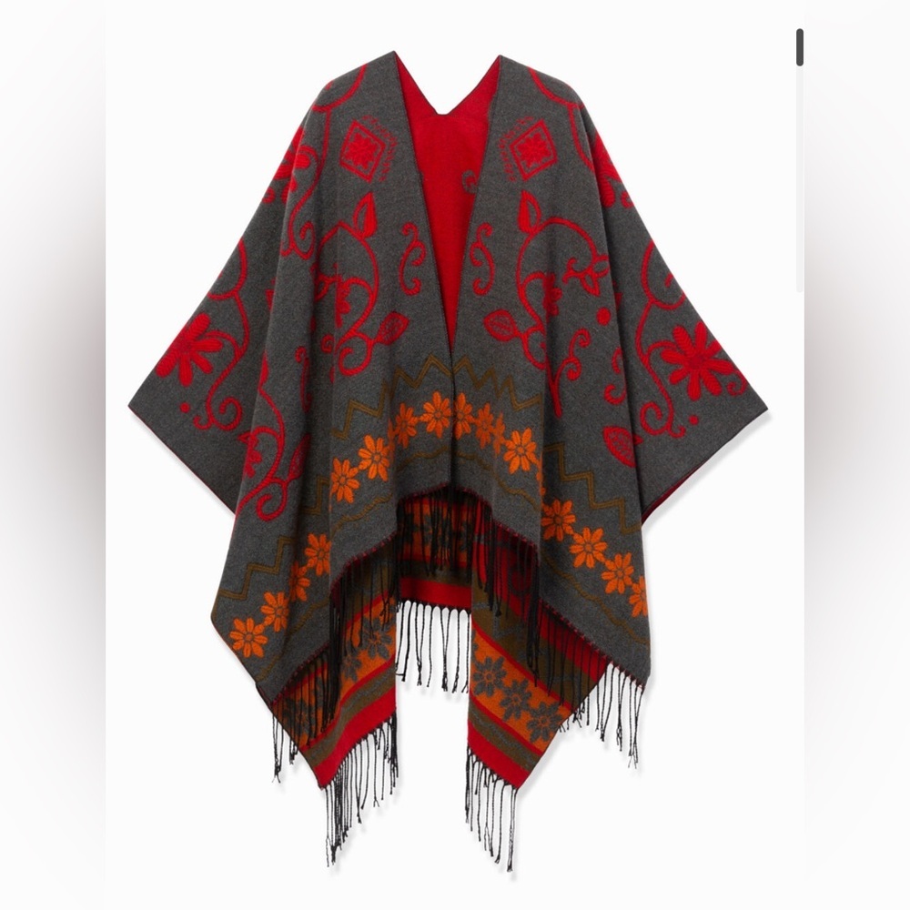 Desigual‎ Embroidered Floral Poncho with fringe